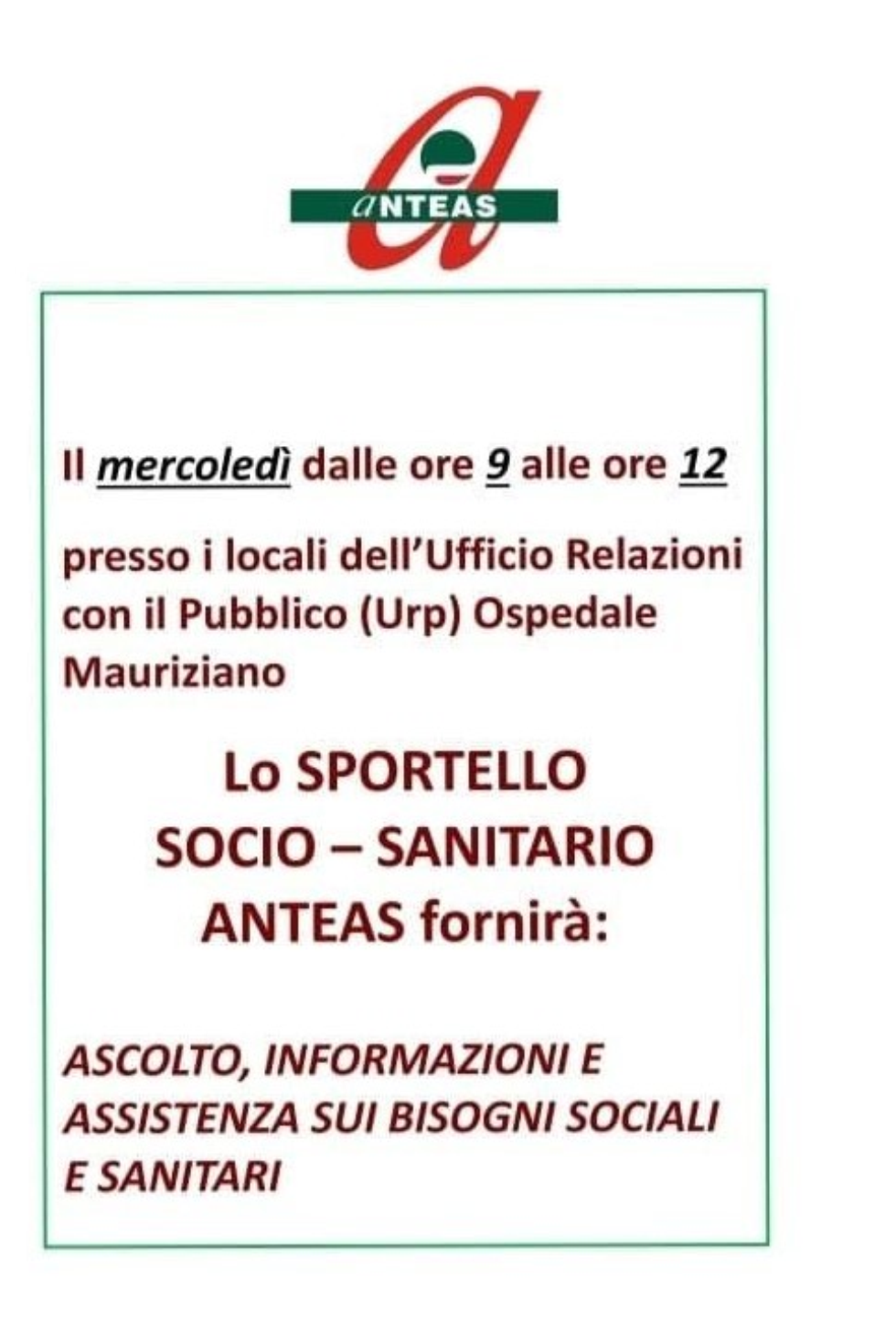 A Torino apre lo sportello socio-sanitario dell'Anteas