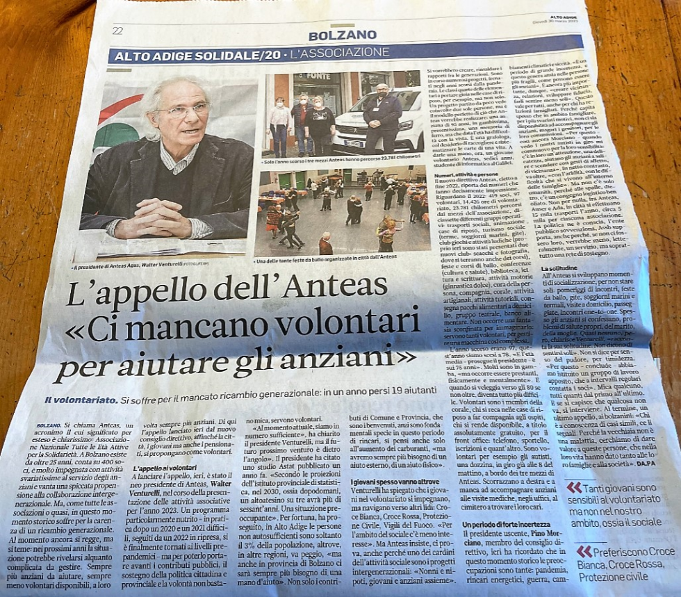 Intervista di Walter Venturelli (Anteas Agas) al quotidiano Alto Adige