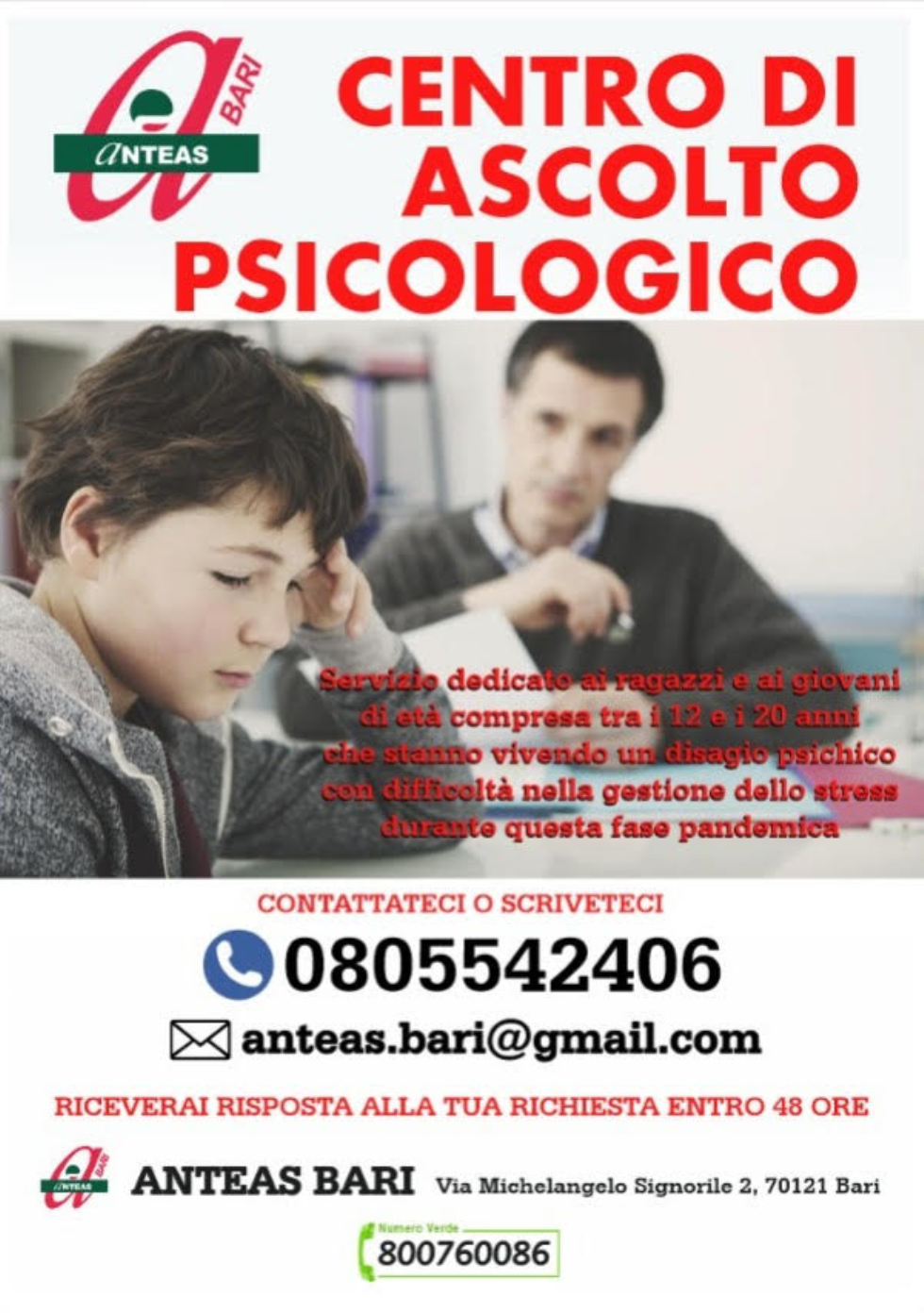 Anteas Bari apre un centro di ascolto psicologico dedicato ai giovani dai 12 ai 20 anni