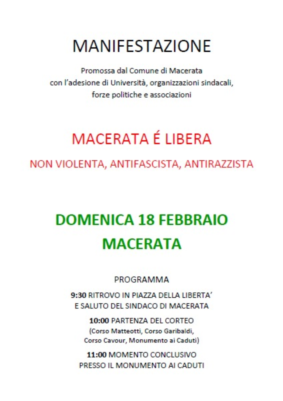 Anteas  insieme alla Cisl aderisce convintamente alla manifestazione non violenta, antifascista e antirazzista di domenica 18 febbraio a Macerata 