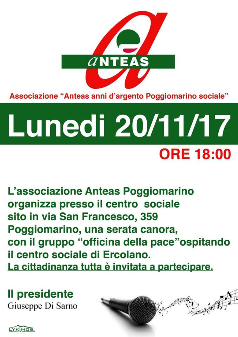 Una serata canora al centro sociale Anteas di Poggiomarino (Na) lunedì 20 novembre
