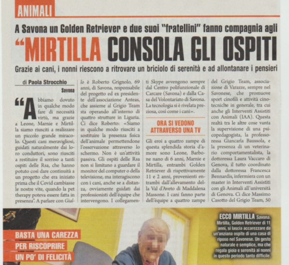 Anteas Savona prosegue con successo il progetto di pet therapy a distanza a favore degli ospiti delle case di riposo.