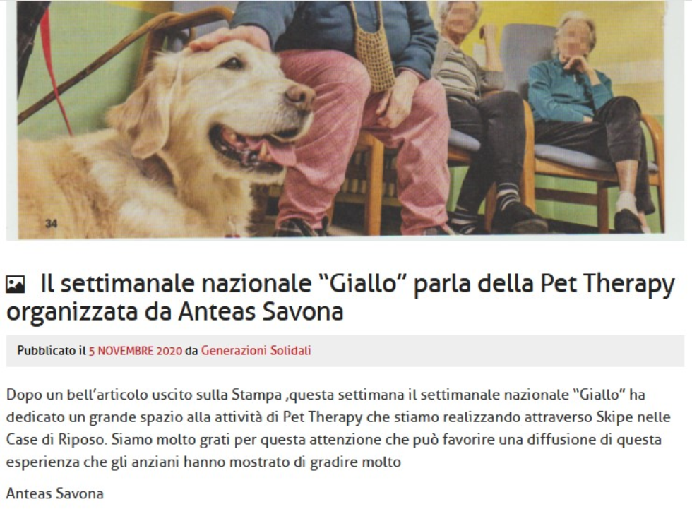 Anteas Savona prosegue con successo il progetto di pet therapy a distanza a favore degli ospiti delle case di riposo.