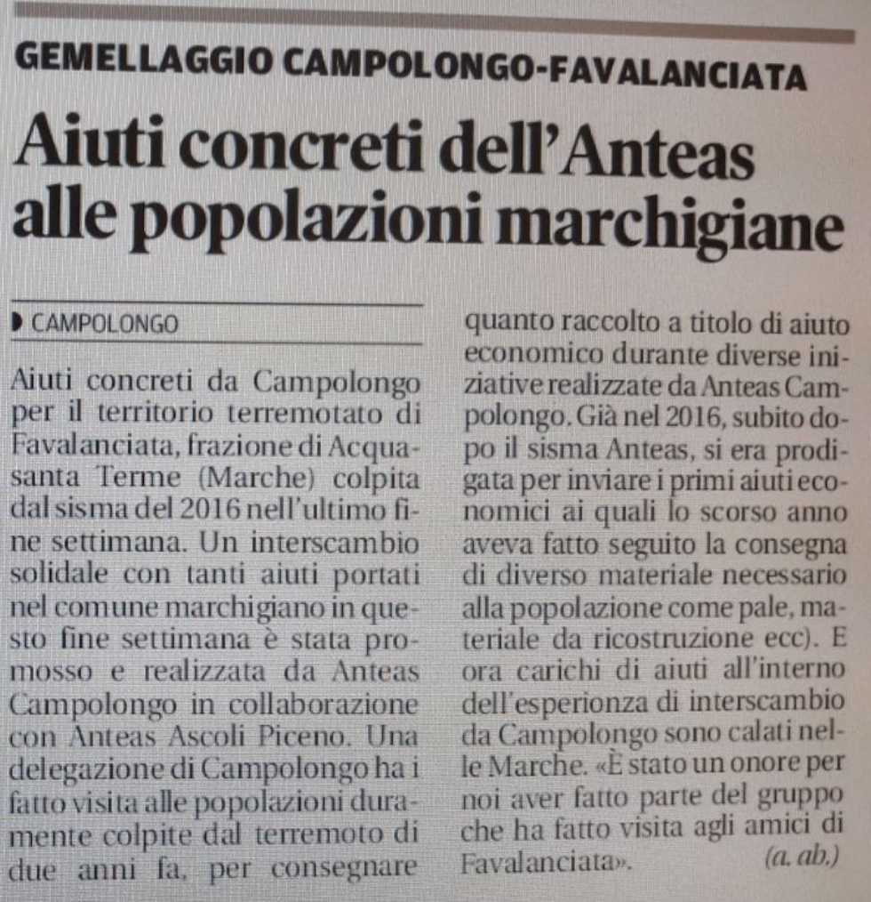 Gemellaggio Campolongo-Favalanciata: una concreta solidarietà per le popolazioni colpite dal sisma